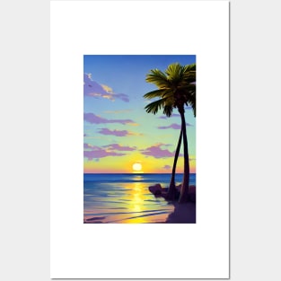 Summer Sunset Palm Tree Beach Ocean Artistic Paradise Landscape Posters and Art